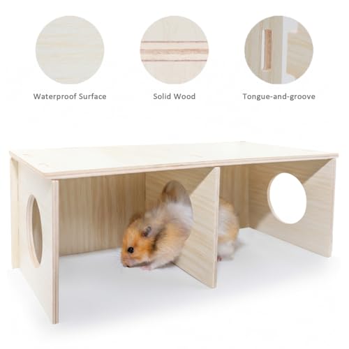 Hamster Peep Tunnel, 2-Chamber Wooden Hamster Hideout, Water-Resistant Platform for Syrian Hamsters and Small Pets, 11" x 5.3" x 4.3" - size: Large for Syrian Hamster