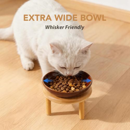 Havniva Elevated Cat Bowls, Ceramic Cat Bowl with Bamboo Stand Wide Opening | 5.7” Raised Cat Food Bowls, Whisker Friendly Cat Dish, Anti-Slip Cat Water Bowls, Shallow Cat Bowls, Cat Food & Water Bowl - color: Brown