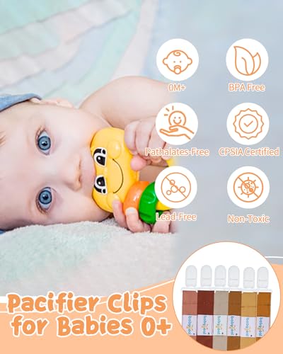 babygoal Neutral Pacifier Clips, 6 Pack Binky Paci Holder Leashes Fits for Most Baby Pacifiers and Binkies - color: brown series