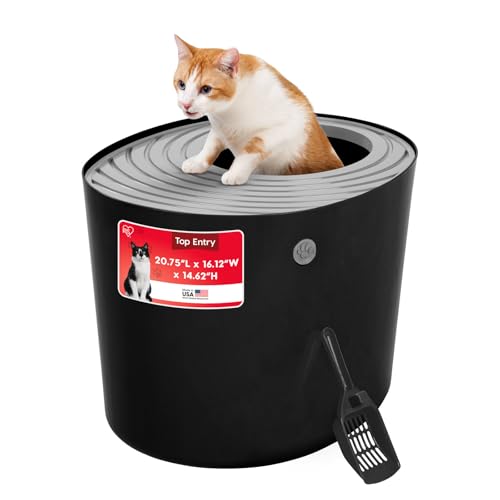 IRIS USA Large Top Entry Cat Litter Box, Hooded Privacy, Black/Gray | Dog-Free Zone, Mess Containment System, Protected Interior, Secure Lid Access, Reduced Tracking, Odor Trapping - color: Black, style: Top Entry