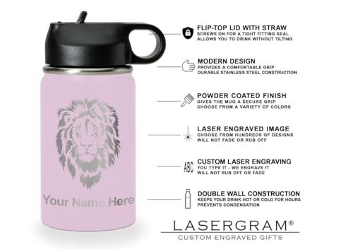 LaserGram Personalized 12oz Water Bottle, Snail (Lavender) | Engraved Gift, Vacuum Insulated Stainless Steel, Flip-Top Straw Lid, Laser Engraved With Your Name - color: Lavender, size: 12 Ounces