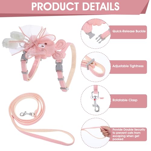 TIESOME Cat Harness and Leash Set, Adjustable Gradient Kitten Harness | Escape Proof Harness with Leash for Kitty Outdoor Walking - color: Ribbon Bear Pink
