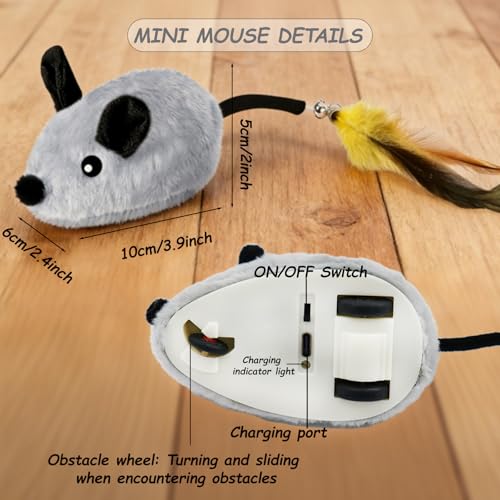 Interactive Mouse Cat Toy, Automatic Moving Fake Rat Mouse Cat Toy, Realistic Rechargeable Dog Mouse Toy with Sound & Feather & Bell, Prank Joke Scary Trick Rats for Cats Dogs - color: Grey