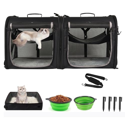 Wakytu 2-in-1 Pet Carrier for Cats & Dog, Travel Carrier for Camping | Extra-large fits 2 cats up to 25lbs each, includes 2 hammocks, carry bag, bowls & stakes. Car seatbelt pass-through