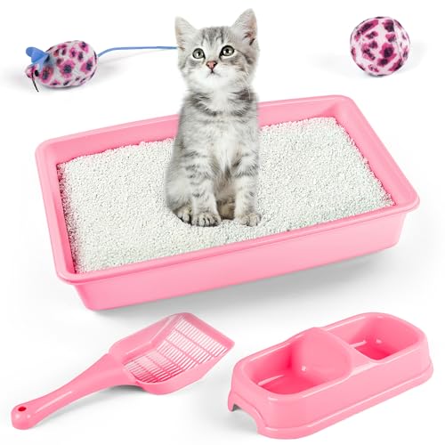 PAWISE Newborn Small Cat Litter Box Kit for Kittens – 5‑Piece Kit with Low Entry Litter Pan, Scooper, Feeding Bowls & Mouse Toy – Cat Starter Set for New Kitty Home, Pink - color: Pink