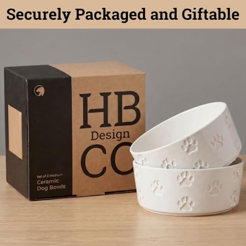 Ceramic Dog Bowl Set of 2 w/ Anti-Skid Base 6.5"W x 2.5"H, 3.8 Cup Capacity | Thick Ceramic, Dishwasher Safe, Anti-Skid Rubber Base, 3.8 Cups per Bowl, Ceramic Food & Water Bowls Set of 2 for Medium Dogs - color: White, size: Medium