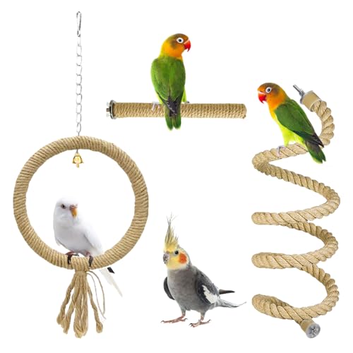 3 Pcs Bird Rope Perches Jute Rope, Bendable Parrot Bird Perch Rope Stand for Cage, Stand Climbing Stand Toy for Cockatiels, Lovebirds, Budgies, Parakeets - color: dark brown hemp rope