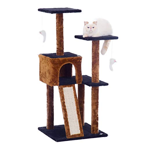 Cat Tree Condo Tower with Scratching Posts - Kitten Perch Furniture Play House, Durable Sisal Wrapped, with Mouse Moving Cat Toy, Climbing Platform - Dark Brown/Blue, 44" x 22" x 22"