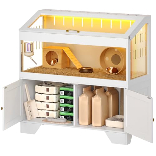HOOBRO Large Hamster Cage, Acrylic Hamster Habitat with Storage Cabinet and Led Light Strip, Big Hamster Enclosure with Flip-Top Lid, Easy to Clean, 39.4" x 18.9" x 42.5", White WT01AC03G1