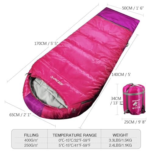REDCAMP Kids Mummy Sleeping Bag for Camping, 3 Season Cold Weather Sleeping Bag Fit Boys,Girls & Teens, Blue/Rose Red - color: Rose Red with 2.4lbs Filling