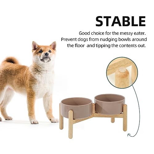 Havniva Elevated Dog Bowls Ceramic Dog Bowls with Stand, Dog Food Bowl | 6.1” Raised Dog Bowls with Non-Slip Wood Stand, Dog Food and Water Bowl Set, Double Dog Feeding Bowls for Small & Medium Dogs - color: 2 Bowls+Stand - Brown Coffee, size: 6.1inch