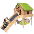 BESNEW 3 in 1 Enlarged Guinea Pig Hammock,Wooden Guinea Pig Hideout with House & Platform & Stairs Small Animal Toys for Hiding Sleeping Activities - color: Matcha Brown
