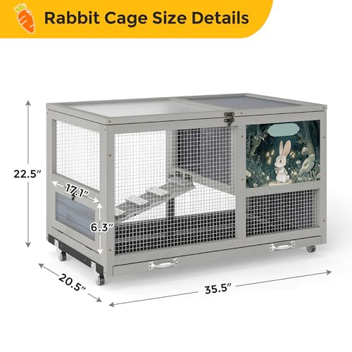 COZIWOW 36.5-Inch Double-Decker Wooden Rabbit Hutch with Wheels, Featuring A Cleaning Tray and Ladder—Stylish and Easy to Assemble（Grey and Pattern） - color: Grey and Pattern