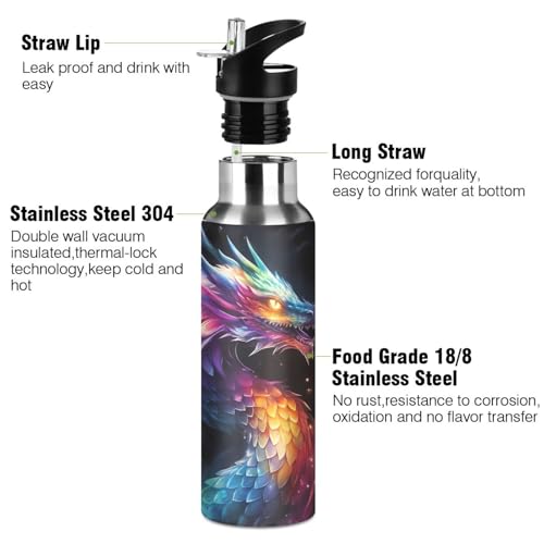 Neon Dragon Water Bottle Kids Insulated Sports Vacuum Stainless Steel Mug with Straw Lid & Handle 20 oz - color: A002
