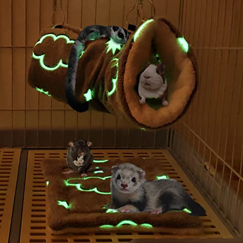 LEFTSTARER Noctilucent Luminous Guinea Pig Rat Hammock Bunkbed Hanging Tunnel and Soft Bed Mat for Ferret Hedgehog Squirrel Hideout Cage Accessories (2.Tunnel Hammock and Mat) - color: 2.Tunnel Hammock and Mat