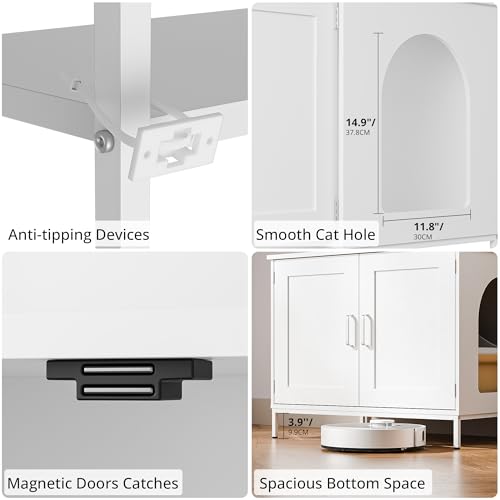 Cozy Castle Cat Litter Box Enclosure with Storage, 57'' Hidden Cat House Furniture, Wooden Cat Cabinet with Shelves & 4 S-Hooks, Indoor Cat Litter Box Organizer, White - color: White