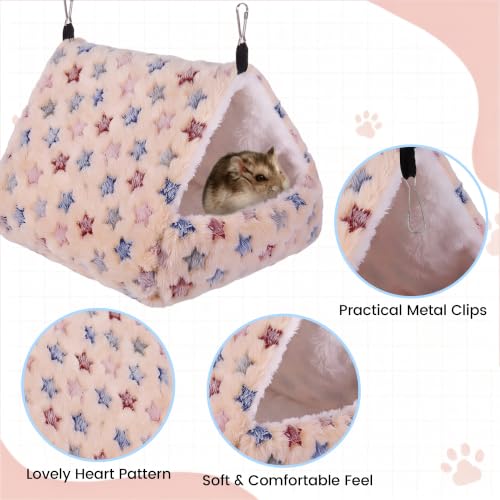 MCEAST 4 Pieces Small Pets Cage Accessories Hanging Hammock Sleeping Bag Tunnel and Bed Hideout Set Warm Sleep Nap Sack Bed for Hamster Ferret Squirrel Rabbit, Light Brown and Gray Stars - style: Brown+Gray Stars