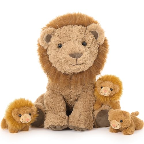 Lion Stuffed Animal with 3 Babies, 17.7" Wild Animal Plush Toys | 4Pcs Mother and Baby Lion Plushies; Zipper Belly Hide-and-Seek; Safari Pretend Play; Birthday & Christmas Gift for Kids - style: Lion
