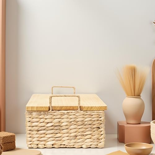 Handmade Water Hyacinth Woven Storage Basket with Lid, Multi - Functional Wicker Organizing Baskets (Large) - size: Large (Single)