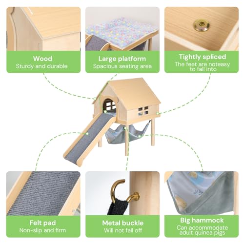 Guinea Pig Hideout- Wooden Guinea Pig Toys with Stairs and Mat & Hammock, Detachable Double-Decker House for Small Animal Toys for Hiding Sleeping Activities