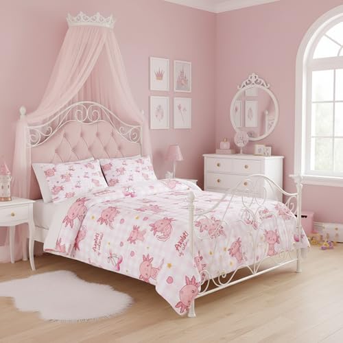 QOOMO Axolotl Comforter Set Twin,Pink Bow Bedding Set for Kids | 3Pcs Bedding Set Printed Comforter with 2 Pillowcases,Soft Microfiber,Lightweight and Comfortable,for All seasons - color: Axolotl 2, size: Twin