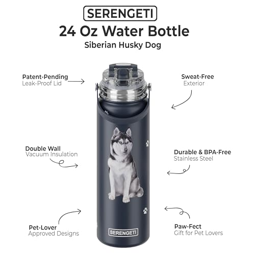 E&S Pets SERENGETI 24 Oz Water Bottle Stainless Steel with Spill Proof Lid - Double walled Vacuum Insulated water flask - Realistic 3D Print of your favorite dog (Siberian Husky) - color: Siberian Husky