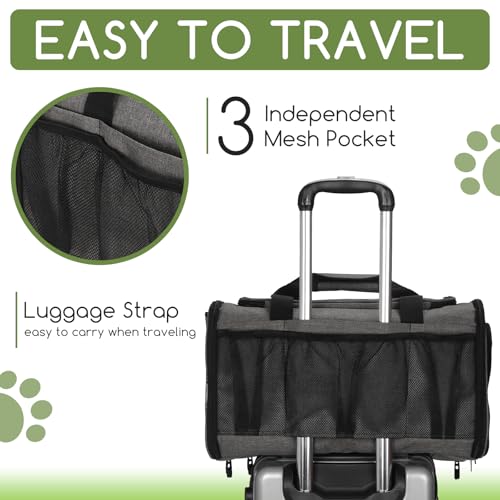Pet Carrier for Cats & Small Dogs, Travel Carrier with Anti-Collapse Support, Chew Resistant Buckles, Luggage Sleeve, Multi-Pocket Storage, Reversible Mat & Bowl (Gray, Medium (17.5"x11"x11.5")) - color: Gray