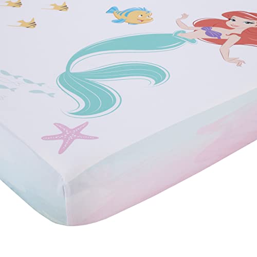 Disney Ariel Watercolor Wishes Aqua, Pink and White Never Stop Exploring 100% Cotton Photo Op Fitted Crib Sheet - color: Ariel Watercolor