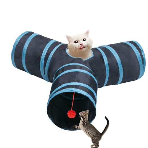 Cat Tunnel Tube Toys, 3 Ways Tunnels for Indoor Cats with Play Ball | Collapsible Pet Tube with Interactive Peephole Interactive Toy for Rabbits, Kittens, Ferrets, Puppy(Blue Black) - color: 3 Way Black Blue
