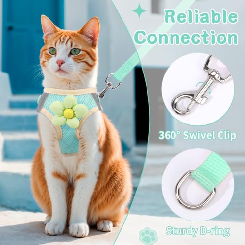 Cat Harness and Leash Set, Escape Proof Soft Vest Walk Green XS | Adjustable, Easy Wear, Breathable Comfy Mesh, Reflective Strips, Sturdy Clip Buckle Flower Harness for Cats Kitty Puppy Bunny - color: Turquoise green, size: Extra Small