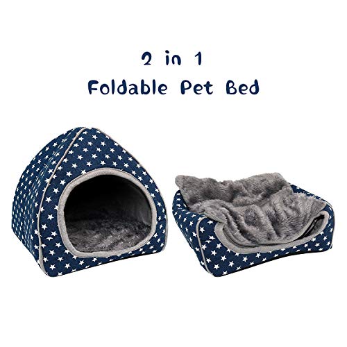 BWOGUE Guinea Pig Bed Hideout, Washable Hamster Cave for Small Animals | Removable Cushion for Cleaning, Warm Fleece Nest, Washable Bed, 10.23 x 10.23 x 11 in, Dwarf Rabbits Hedgehogs - color: Blue