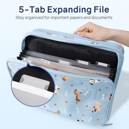 SUNEE Zippered Binder Bag with Handle, 2-Inch 3-Ring O-Ring, 500-Sheet Capacity, Includes Zip Pocket, 5-Tab Expanding File Folder, Multi-Pocket Organizer Binder for Middle School, Blue Dog - color: Blue Dog