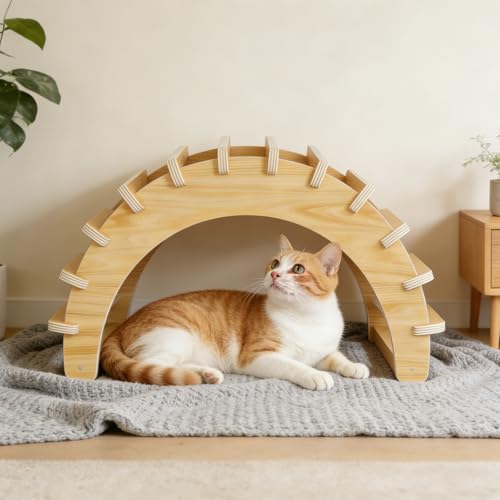 Natural Wooden Indoor Cat Cave - Stylish Solid Wood Cat House,Easy to Clean & Scratch-Resistant Surface Cottage,Ideal for Small/Medium Cats,Puppies and Bunnies (Natural,20.5" Lx13”Wx14”H)