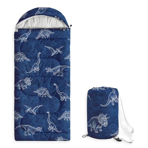 Wake In Cloud - Kids Sleeping Bag for Boys Toddlers, Camping in Warm Cold Weather, Backpacking Lightweight Compact Outdoor Liner for 3 Seasons, Dinosaur Sketch - color: Navy Blue