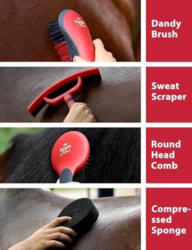 Horse Grooming Kit, 9 Piece Grooming Brush Set with Silicone Curry Comb for Bathing & Shedding Shadowberry - color: Shadowberry