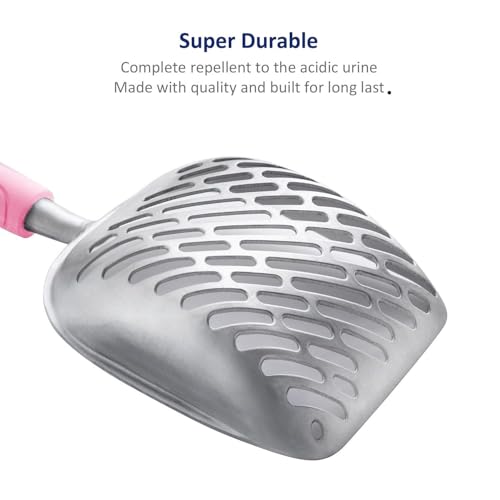 Cat Litter Scoop, Aluminum Alloy Sifter, Kitty Metal Scooper, Deep Shovel with Diagonal Sifting Hole, Long Handle, Kitten Poop Lifter for Litter Box, Medium Size, Pink Handle - color: #10 Pink, size: Medium