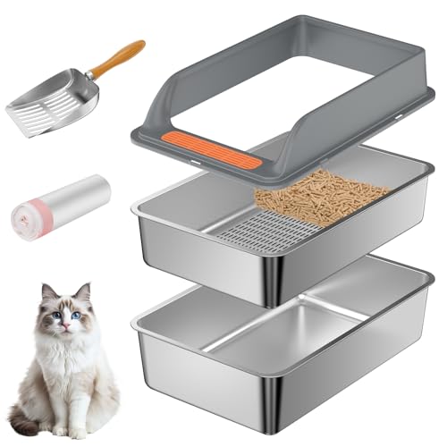 Stainless Steel Sifting Litter Box with Lid, Sifting Cat Litter Box for Pine Pellets & Small Cats,Metal Pellet Sifter Litter Pan System for Odor Control,Sifting Box Liners & Scoop - size: S:17''×13''×10''