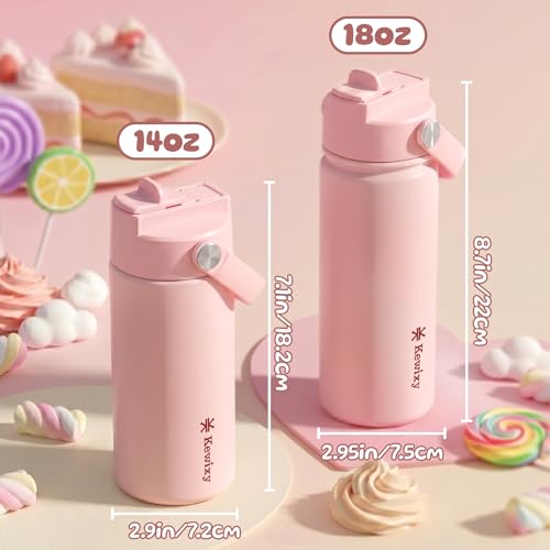KEWIXY 14 oz Water Bottle with Straw, Easy Slide Lid, Leak Proof, Keep Cold 24H, Vacuum Insulated, Metal Stainless Steel with Handle for School, Candy Pink - color: Candy Pink, size: 14 Ounces