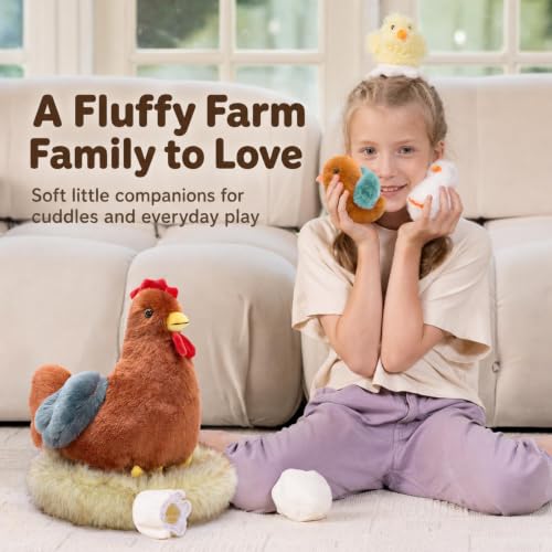 7Pcs Chicken Plush Toy with Babies, 14" Hen Stuffed Animal Set | Mother Chicken Plushie with 3 Chicks, 2 Eggs & 1 Nest; Farm animal Plush; Hide-and-Seek Play; Christmas Easter Gift for Kids - style: Chicken Brown