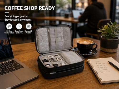 Electronic Organizer Travel Essentials Case, Waterproof Double Layer Cable Storage Pouch Bag for Charger, USB Cords, Power Bank, Phone Mouse SD Card Earphone Camera, Tablet (Up to 11 inch)