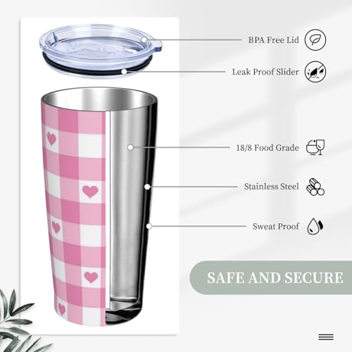 Checkered and Heart Tumbler with Lid and Straw Checkerboard 20oz Insulated Stainless Steel Cup Pink Travel Coffee Mug Water Bottle for Women Gift for Birthday Christmas - color: Pink White
