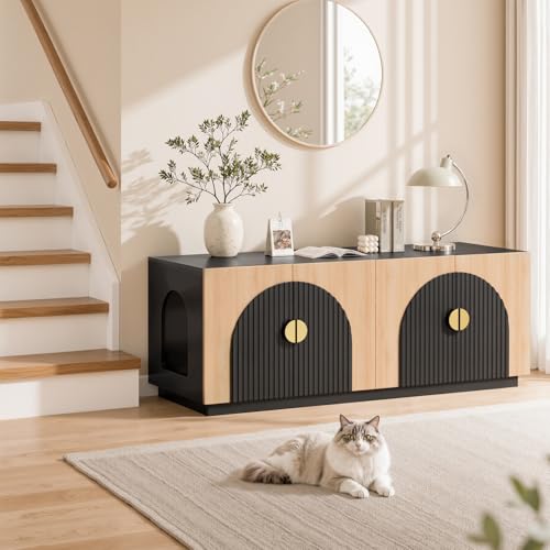 Amunrbrek Double Cat Litter Box Enclosure Furniture with Optional Divider - color: Black and Natural Double
