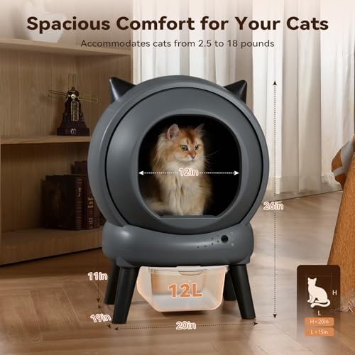 Automatic Litter Box, ZHMZ Self Cleaning Litter Box for Multiple Cats, App-Control Auto Robot with Dual Safety Sensors, Odor-Control with Mat and 2 Roll Garbage Bags - color: Grey