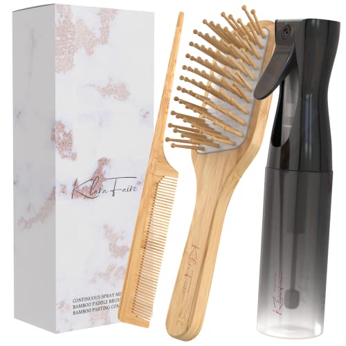 heatless curler companion set - 3pc set w/bamboo brush, rat tail combs & hair mister spray bottle | Natural Bamboo hair brush & Wooden Comb w/fine mist spray bottles (Black Silver) - color: Royal Black