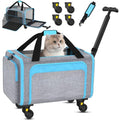 Airline Pet Carrier with Wheels, 18x11x11 for Cats & Toy Dogs | Soft-sided nylon under-seat bag, removable wheels, expandable mesh, cats & toy-breed dogs, measure pet before buying - color: Blue