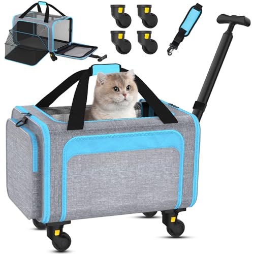 Airline Pet Carrier with Wheels, 18x11x11 for Cats & Toy Dogs | Soft-sided nylon under-seat bag, removable wheels, expandable mesh, cats & toy-breed dogs, measure pet before buying - color: Blue