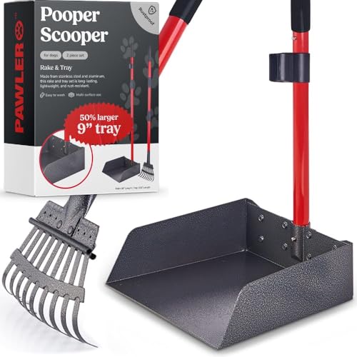 Metal Pooper Scooper for Dogs with Heavy Duty Long Handle Rake & XL Tray | Rustproof Aluminum Poop Scooper for Large Dogs with 9”W 9.5”L Extra Large Tray for Yard, Grass, Dirt & Gravel - color: 2 Piece Set - X Large