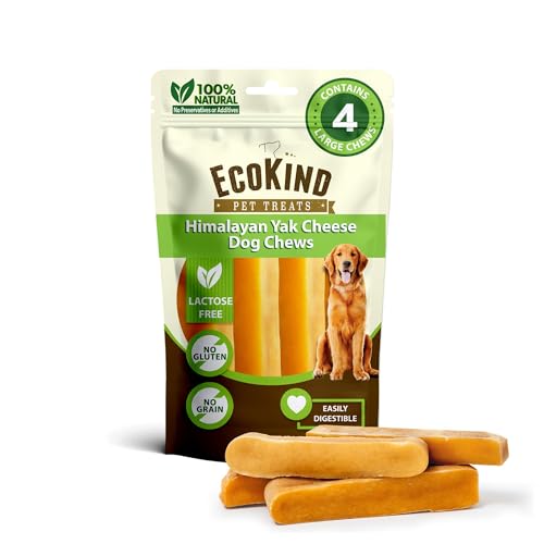 EcoKind Yak Cheese Himalayan Dog Chews, Yak Chews for Large Dogs, 4-5 Bones | 1 Lb, Long Lasting for Aggressive Chewers, Only 3 Ingredient Natural High Protein Dental Dog Treats, No Additives or Lactose