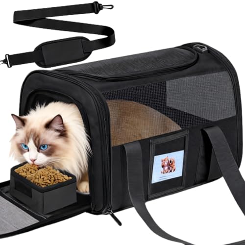 Soft Cat Carrier with Detachable Food Bowl,Pet Travel Bag (Up to 16 lbs) | Puppy Crate with Lockable Zippers,Airline Travel for Small Dog,Kitten,Animal,Breathable Mesh Kennel,Carrying Case,Black - color: Black, size: 17.0"L x 12.0"W x 11.0"H