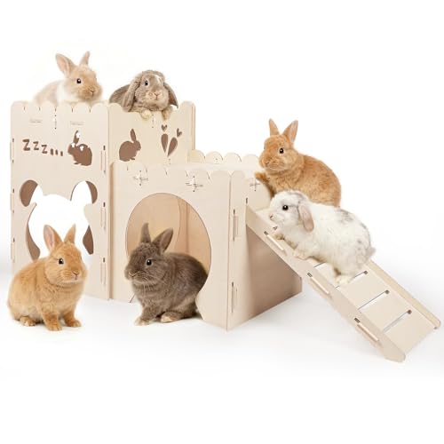 Large Rabbit Castle, Wooden Bunny House,Detachable Rabbit Hideaway, Indoor Hamster Castle with Ramp, Small Animal Houses & Habitats for Guinea Pig Chinchilla Ferret(2 House) - size: Large - 2-House